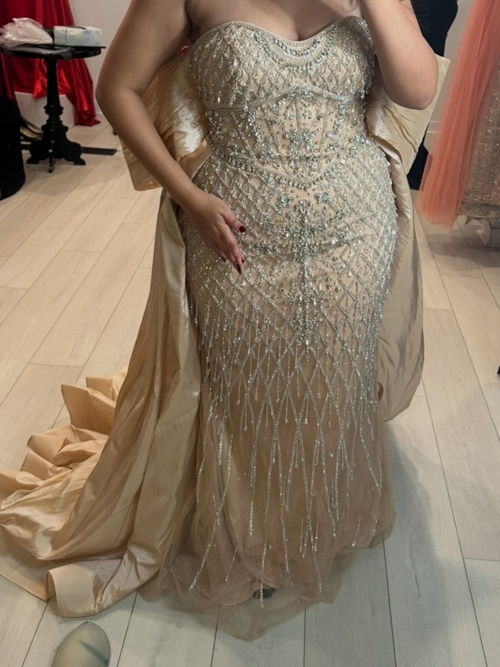 Embellished Champagne Evening Gown with Draped Cape - Picture 5 of 6